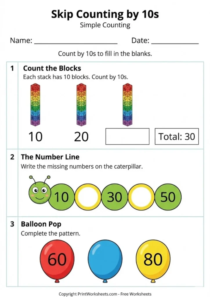 Skip Counting by 10s Worksheet for Grade 1