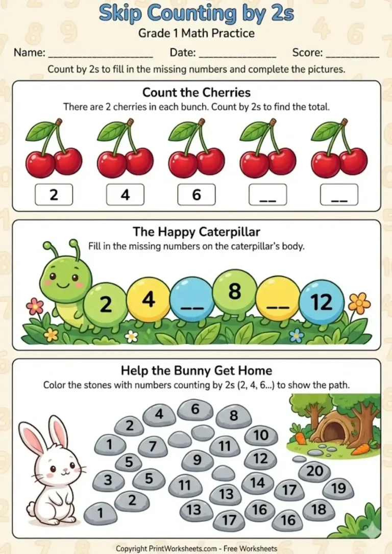 Skip Counting by 2s Worksheet for Grade 1