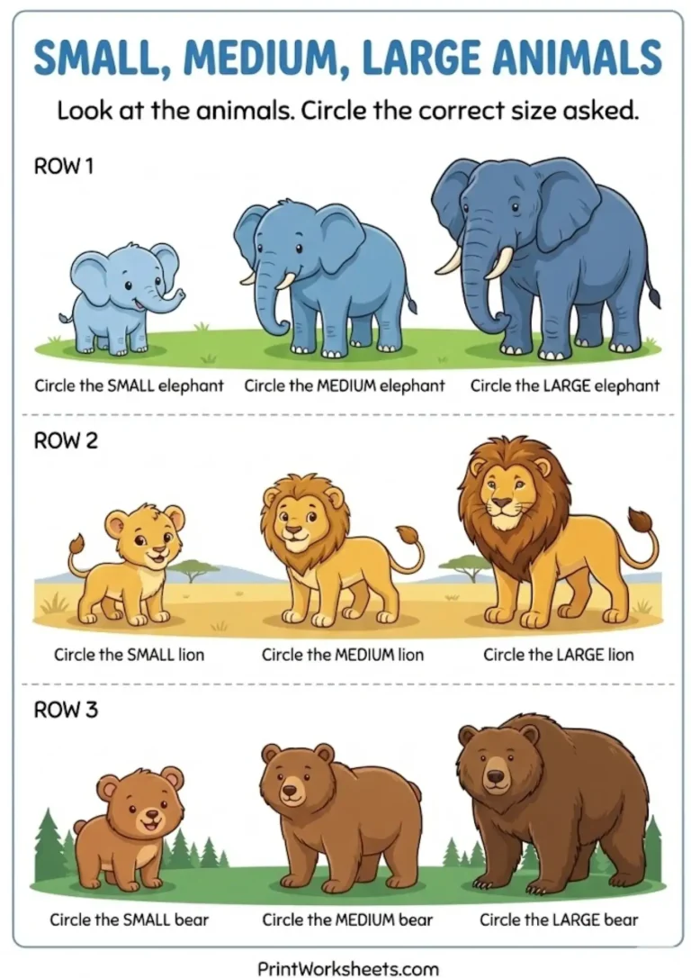 Small medium big animals worksheet with elephants lions and bears