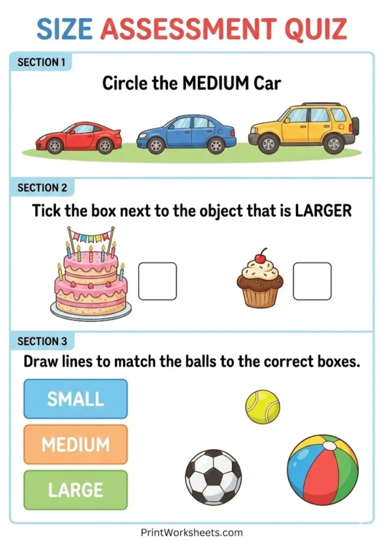 Small medium large worksheets free assessment quiz for preschool