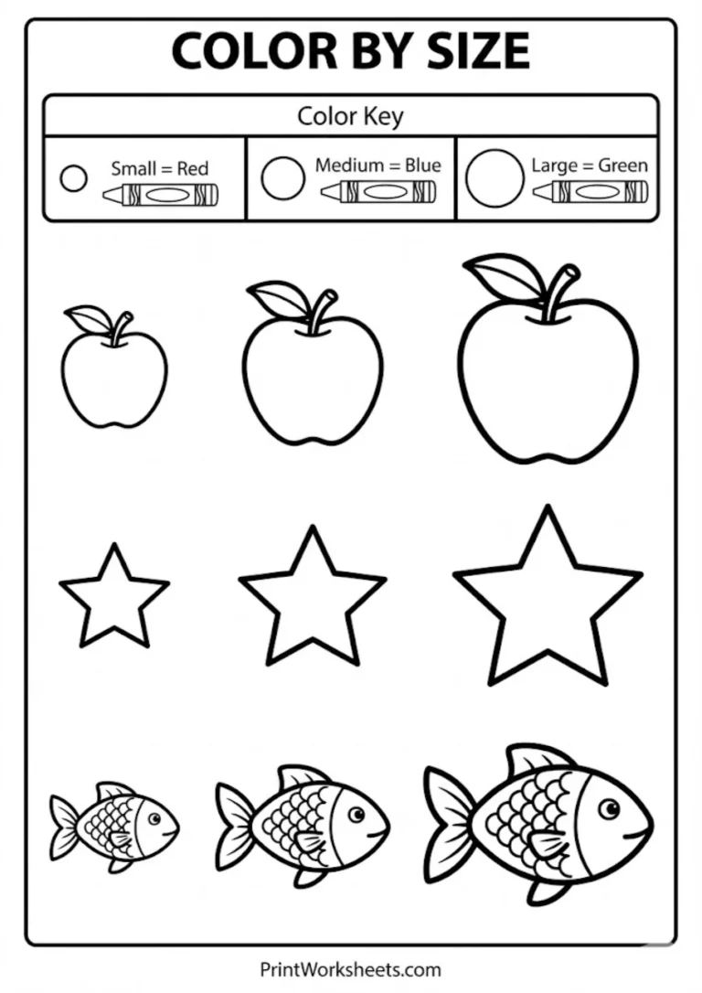 Small medium large worksheets preschool color by size activity with apples stars and fish