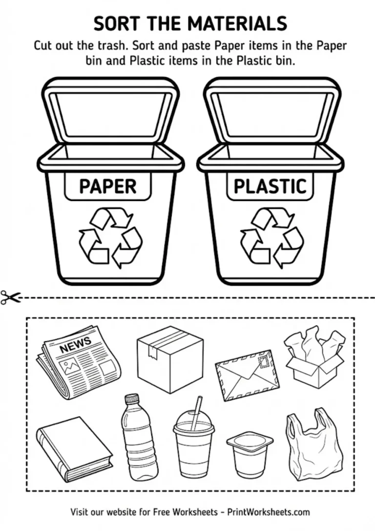 Sorting materials worksheet recycling paper vs plastic cut and paste