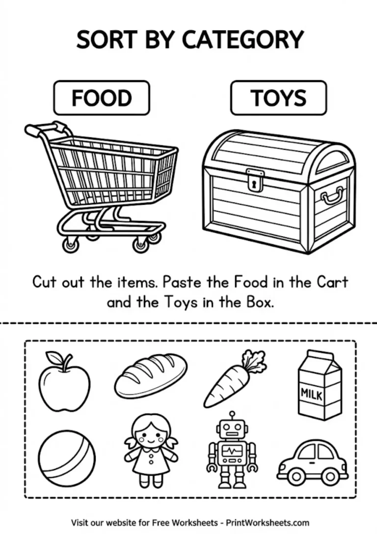 Sorting objects preschool worksheet food vs toys cut and paste