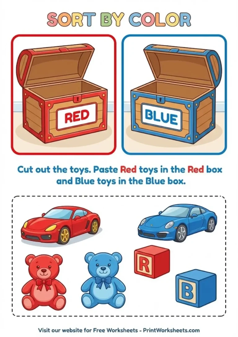 Sorting preschool activities worksheet red and blue toys