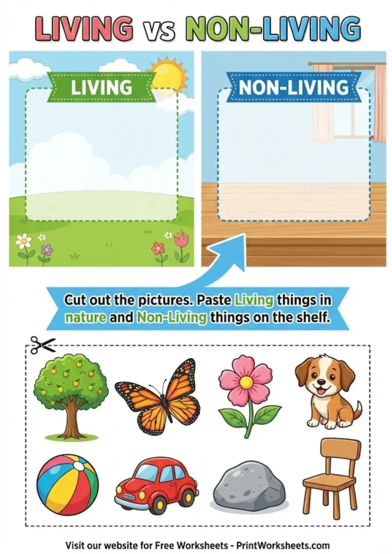 Sorting science kindergarten worksheet living vs non-living cut paste