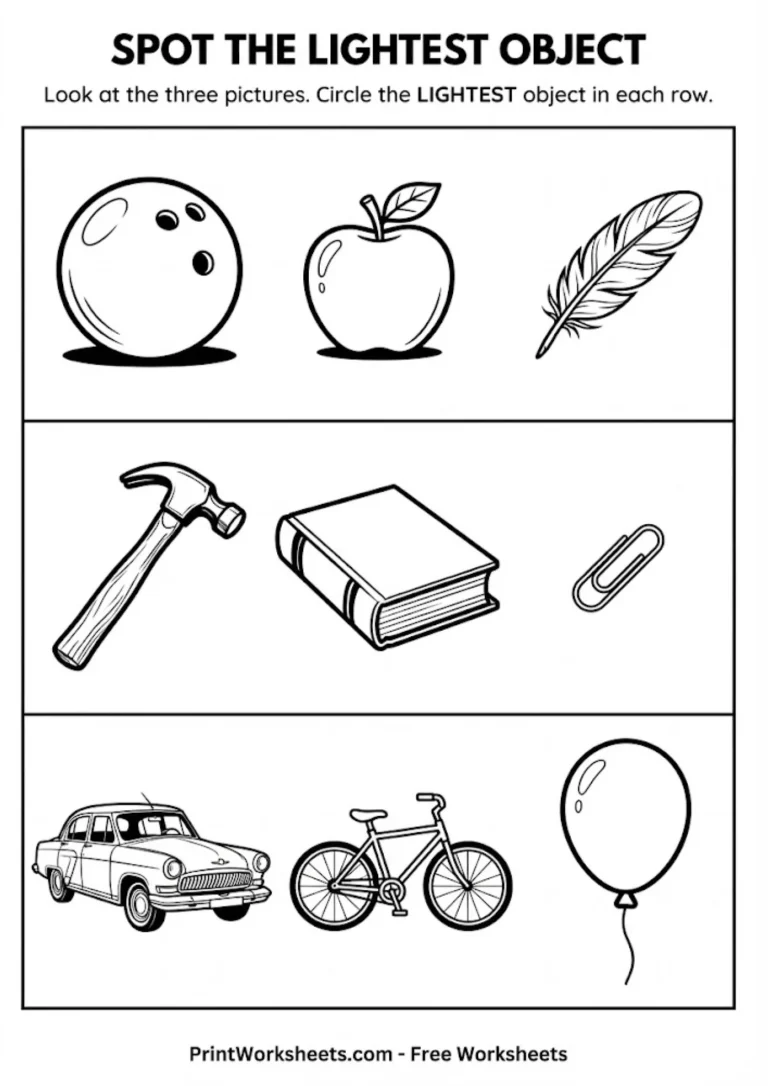 Worksheet to spot the lightest object among three items