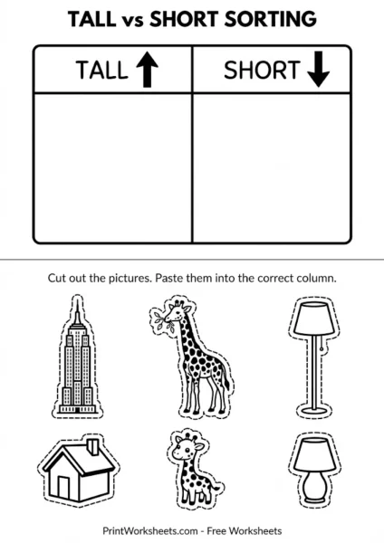 Free Tall vs Short Sorting Worksheet – Cut and Paste (PDF)