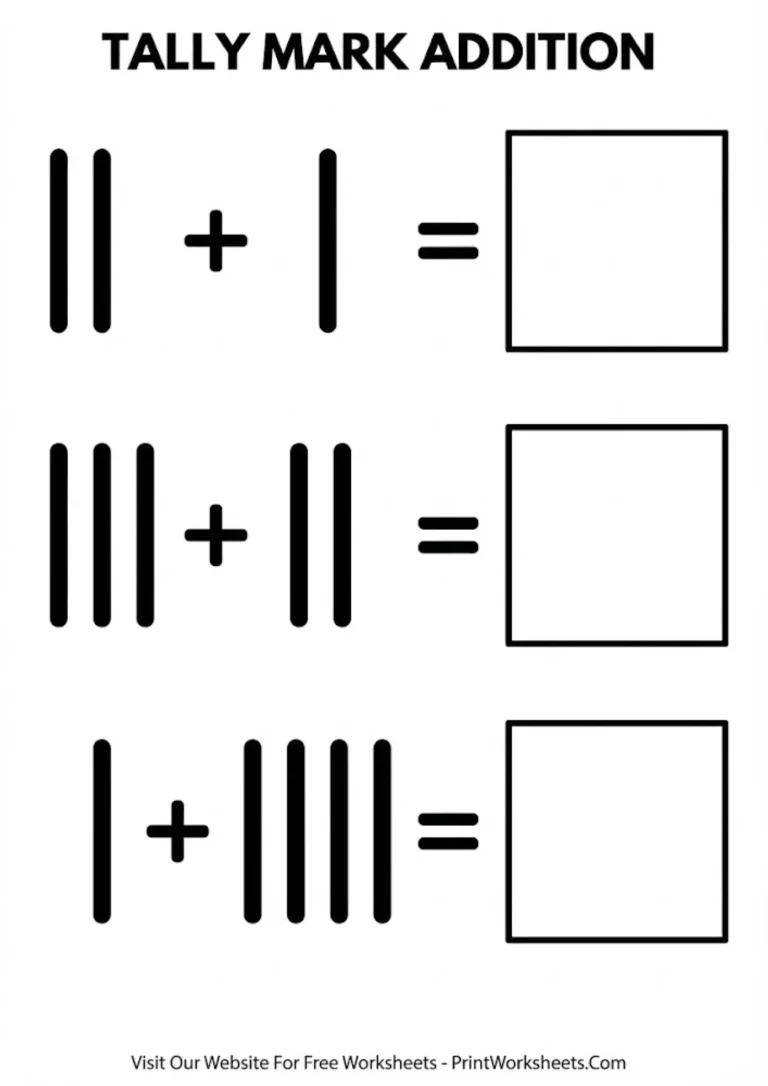 Tally marks addition worksheet showing vertical strokes and empty boxes