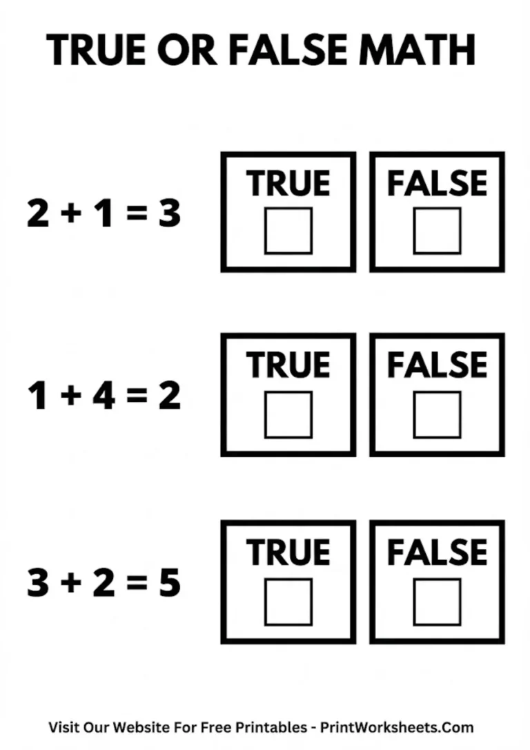True or false addition worksheet with check boxes for math problems