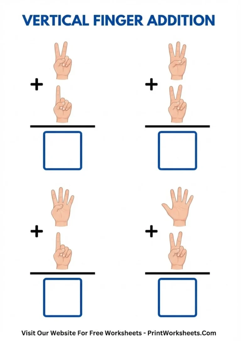 Column Addition with Hands Vertical addition worksheet showing stacked hands for counting and adding