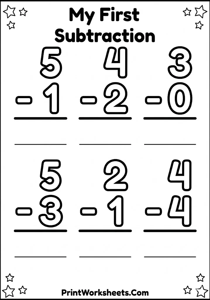 Subtraction within 5 Large Print Worksheet