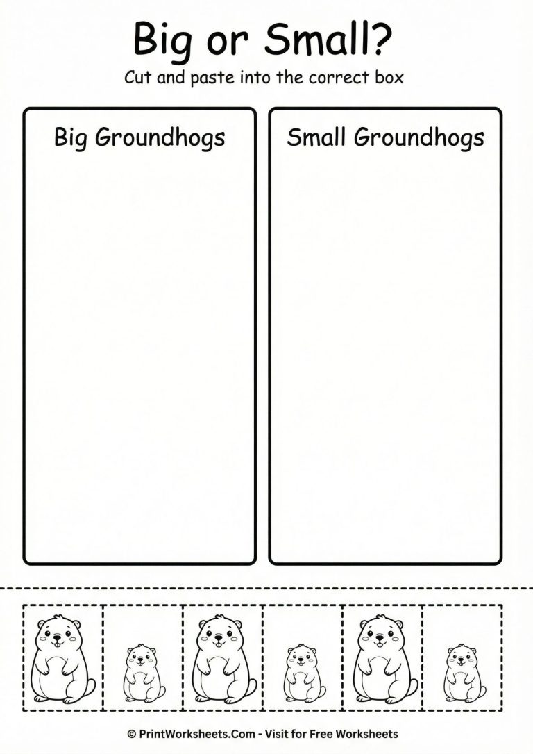 Big and small size sorting cut and paste worksheet