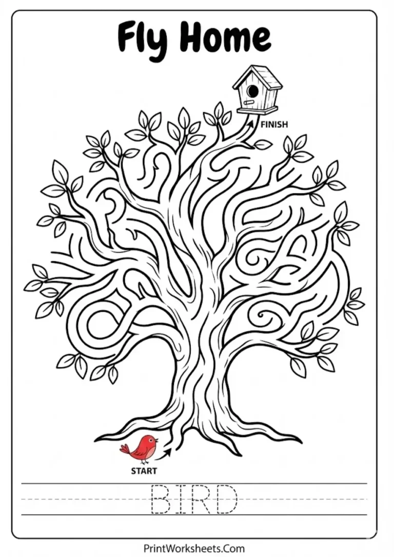 bird-to-birdhouse-winter-maze_PrintWorksheets.Com Bird in tree winter maze worksheet