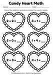 Candy heart themed addition worksheet for first grade math centers.
