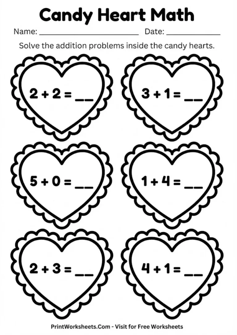 Candy heart themed addition worksheet for first grade math centers.