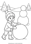 Child rolling snowball to build snowman coloring page