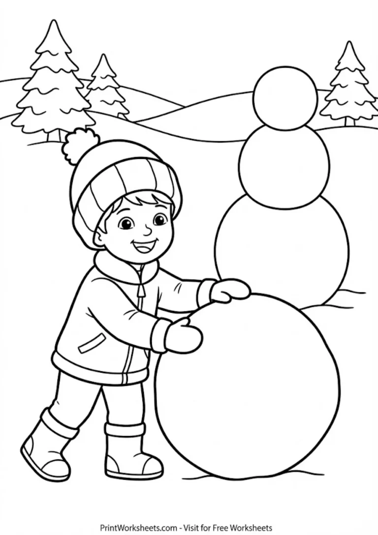 child_building_snowman_winter_coloring_printworksheets.com Child rolling snowball to build snowman coloring page
