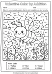 Color by number addition worksheet revealing a hidden love bug picture.