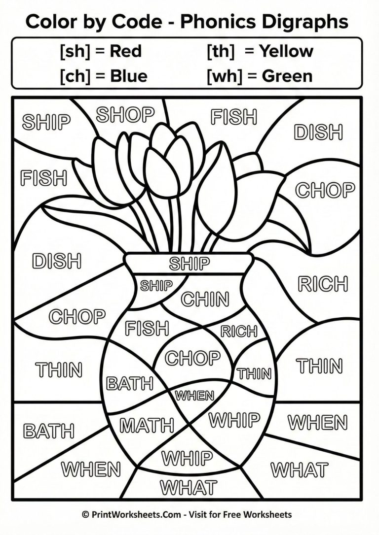 Color by code phonics worksheet focusing on SH, CH, and TH digraphs