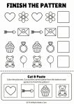 Pattern recognition worksheet for kindergarten with hearts and flowers