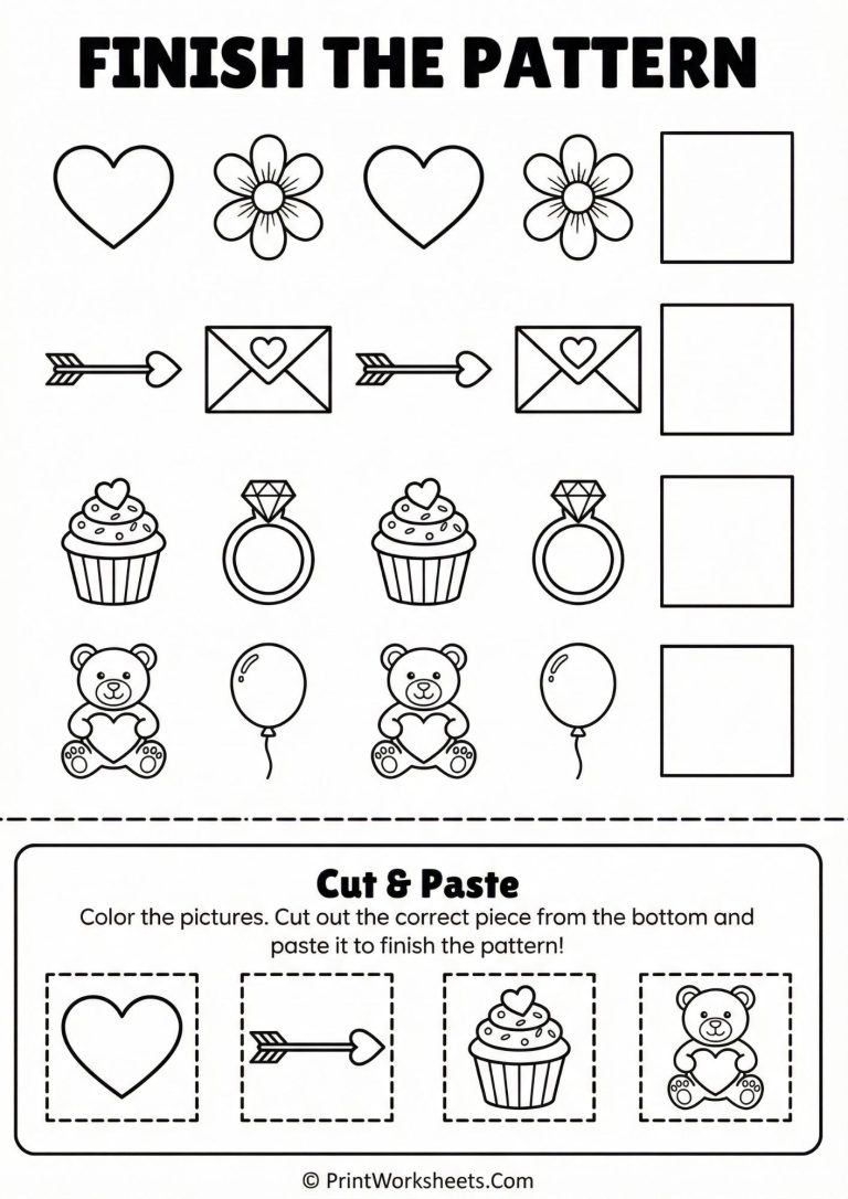 Pattern recognition worksheet for kindergarten with hearts and flowers