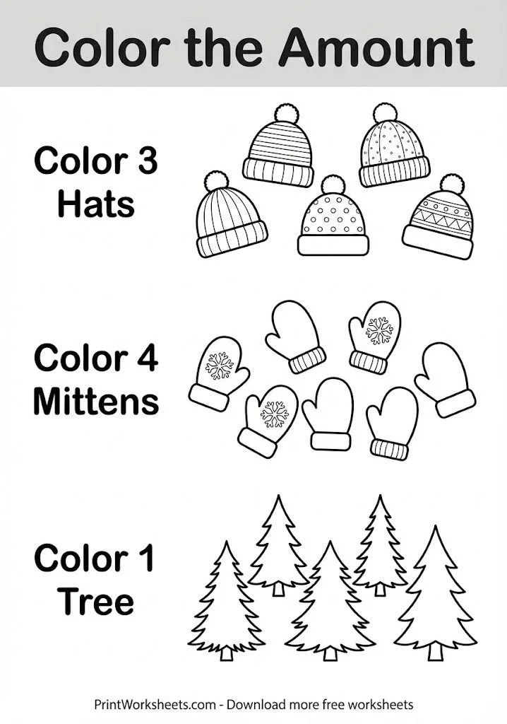 Read and color the correct number of winter items worksheet