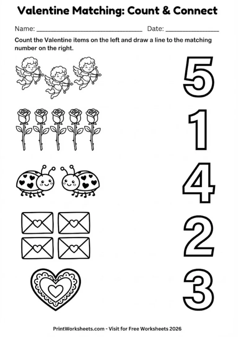 Printable count and match activity connecting love bugs and roses to numbers.