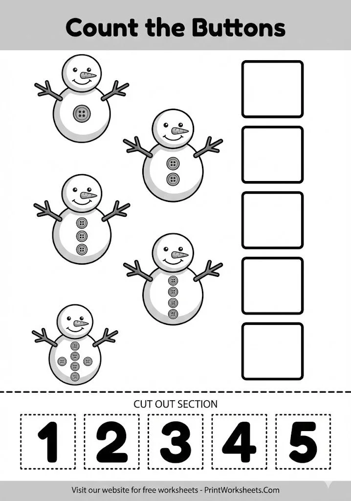 Count the buttons on the snowman cut and paste worksheet.