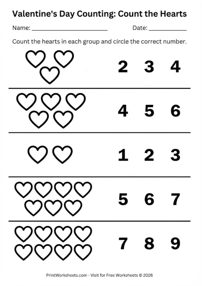 Free Valentine's Day counting worksheet for kindergarten with red and pink hearts.