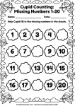 Fill in the missing numbers 1-20 math worksheet featuring cupid and clouds