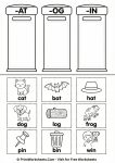 Phonics worksheet sorting CVC words into mailboxes labeled AT, OG, and IN.
