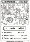 Grammar worksheet teaching prepositions on, under, behind with Cupid illustrations.