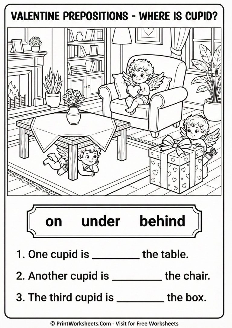 Grammar worksheet teaching prepositions on, under, behind with Cupid illustrations.