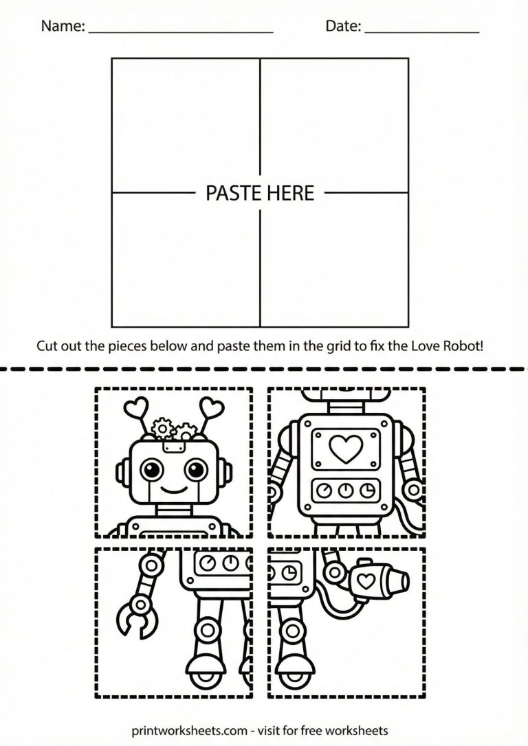 Cut and paste puzzle worksheet to build a love robot