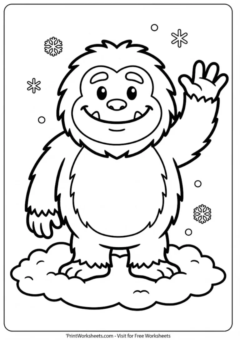 cute_yeti_winter_coloring_printworksheets.com Cute friendly Yeti character winter coloring page