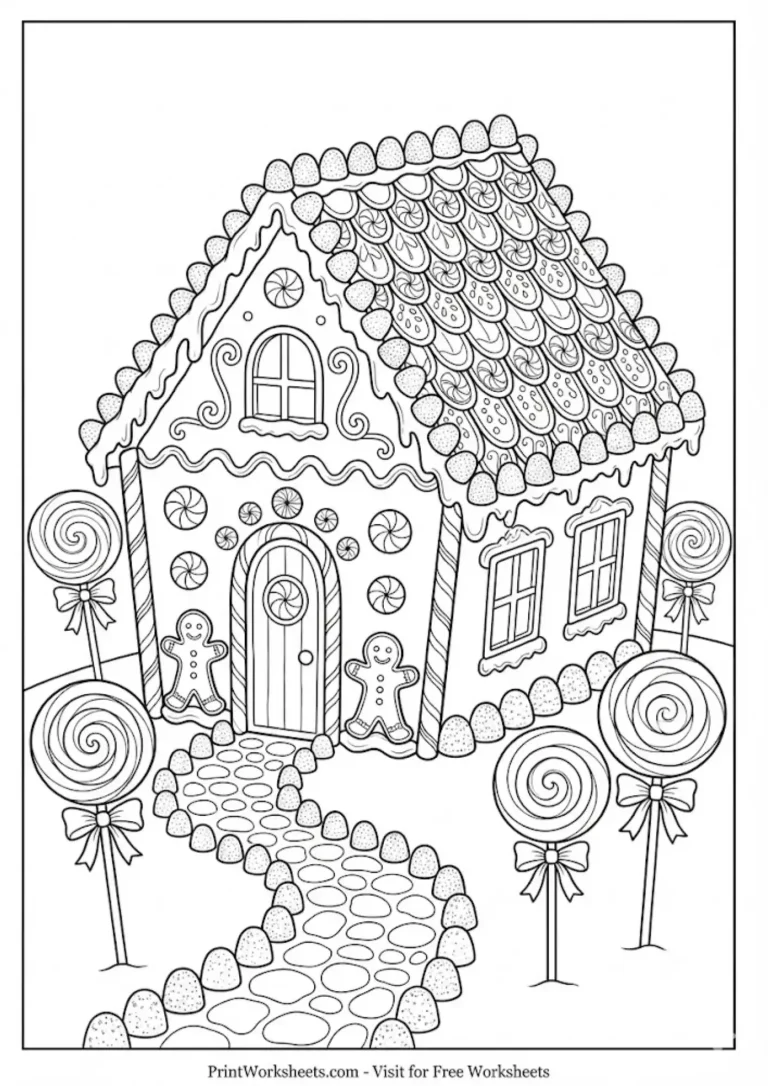 detailed_gingerbread_house_winter_coloring_printworksheets.com gingerbread house with candy coloring page