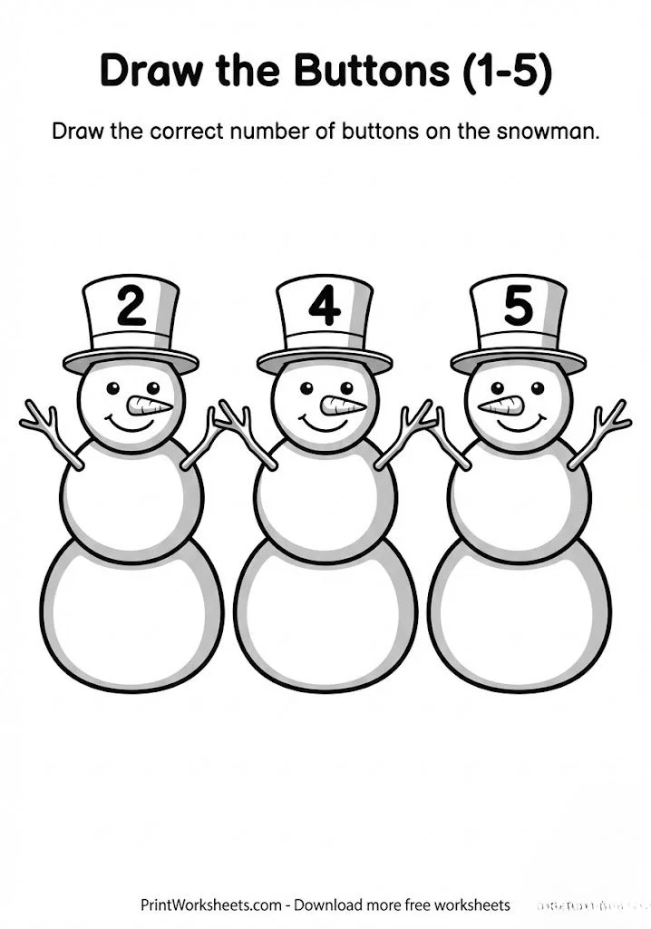 Draw the buttons on the snowman math activity 1-5