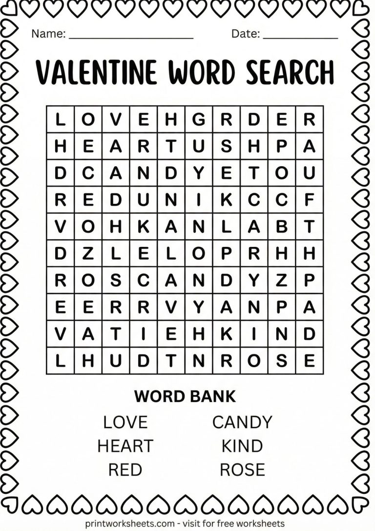 Easy Valentine's Day word search puzzle for early readers and 1st grade.