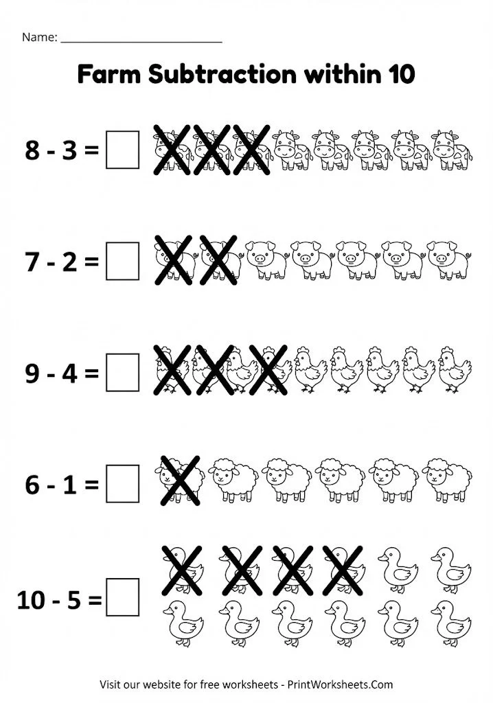 Farm animal picture subtraction worksheet within 10 for kindergarten.