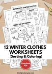 Free winter clothes sorting and coloring worksheets pack