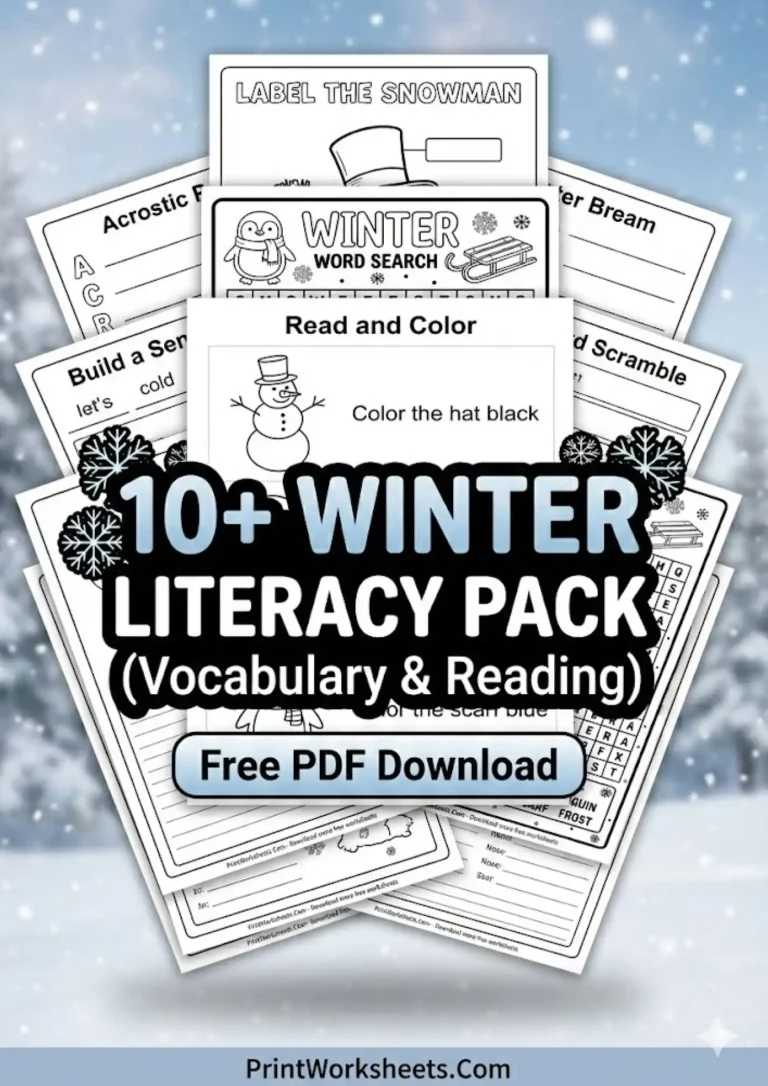 Huge stack of 10 free winter literacy and vocabulary worksheets preview
