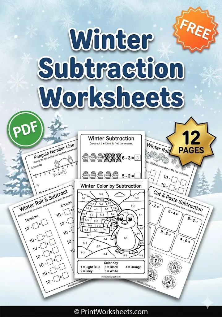 Winter Worksheets Worksheet - 12 Free Winter Subtraction Worksheets for Kindergarten (PDF) | Free Printable