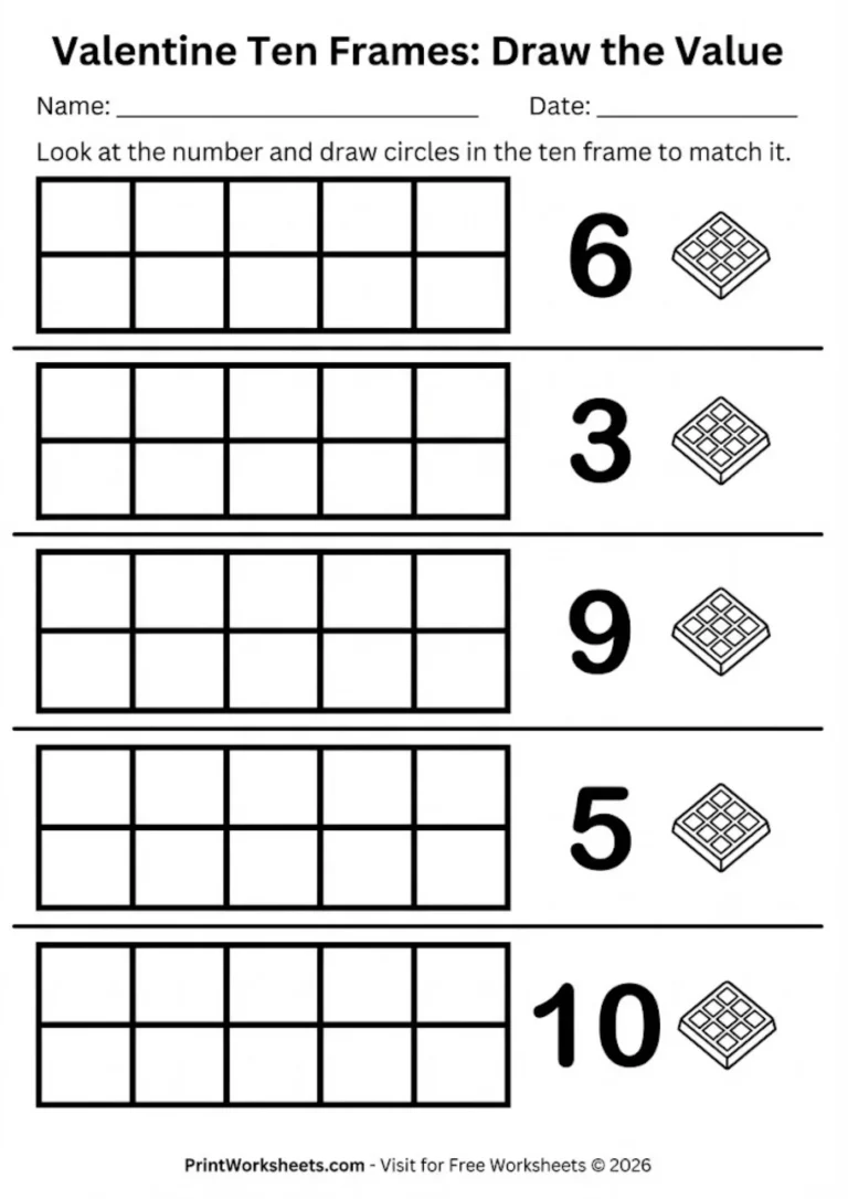 Math worksheet asking kids to draw chocolates in ten frames to match the number.