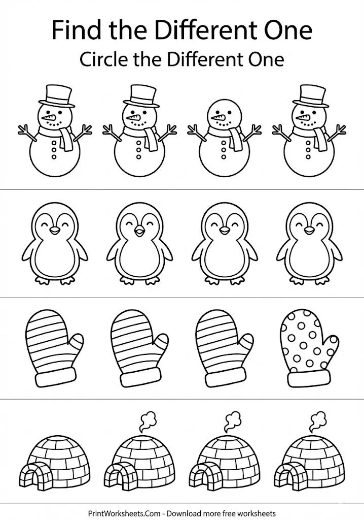 Find the different object winter logic worksheet