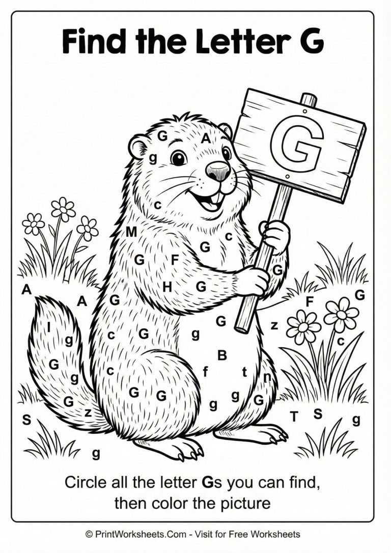 Letter G alphabet hunt worksheet with groundhog theme.