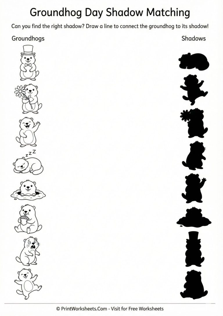 Free printable Groundhog Day shadow matching worksheet for preschool.