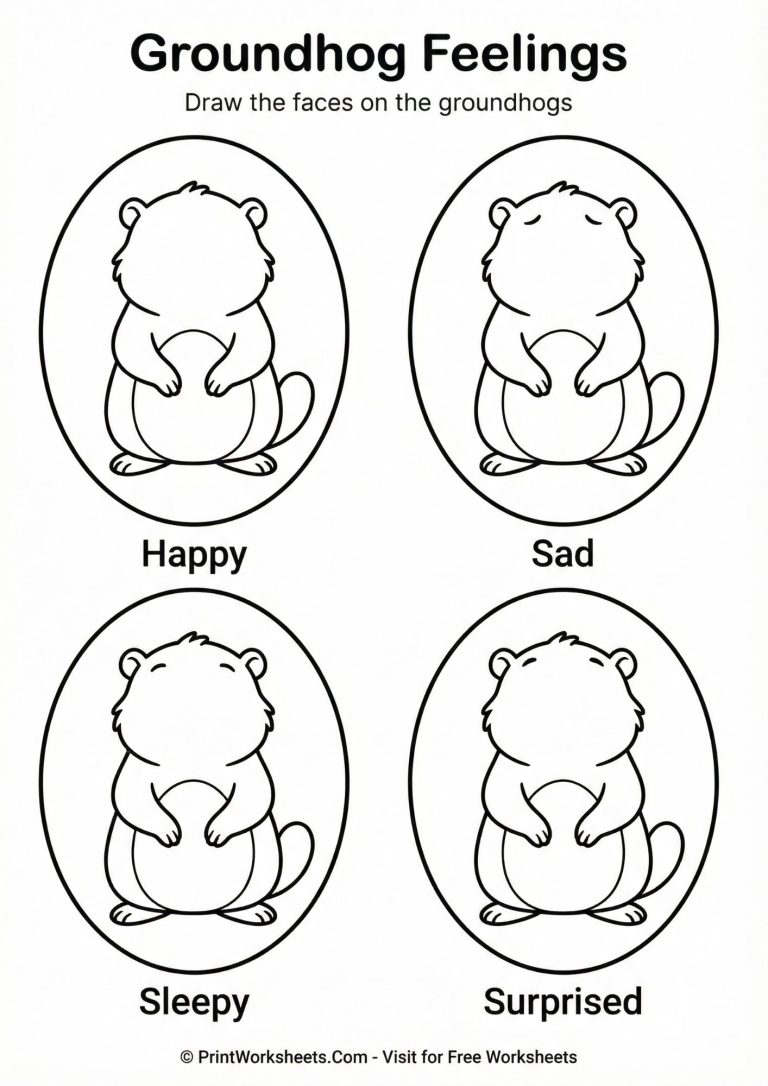 Drawing emotions worksheet on blank groundhog faces