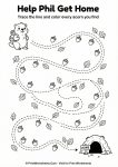 Fine motor skills tracing worksheet with groundhog theme.