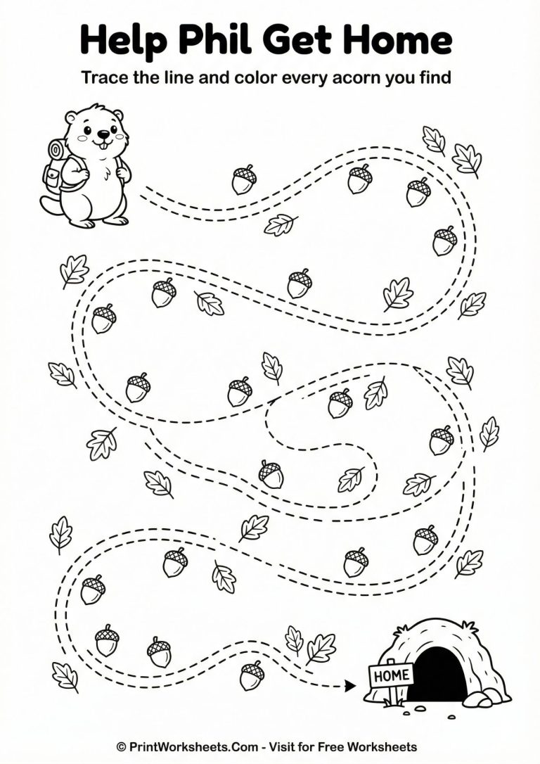 Fine motor skills tracing worksheet with groundhog theme.