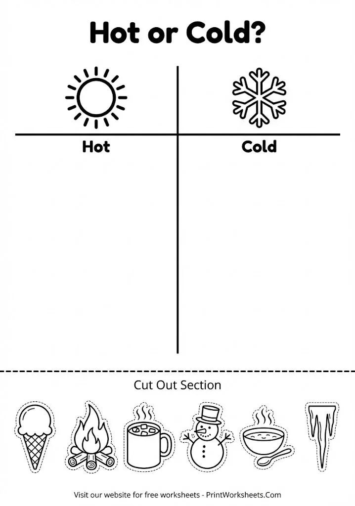 Hot and cold objects sorting worksheet cut and paste.
